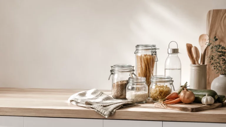 Cuisine zéro déchet aux tons naturels : bocaux en verre, torchons, gourde et légumes sur un plan de travail en bois clair