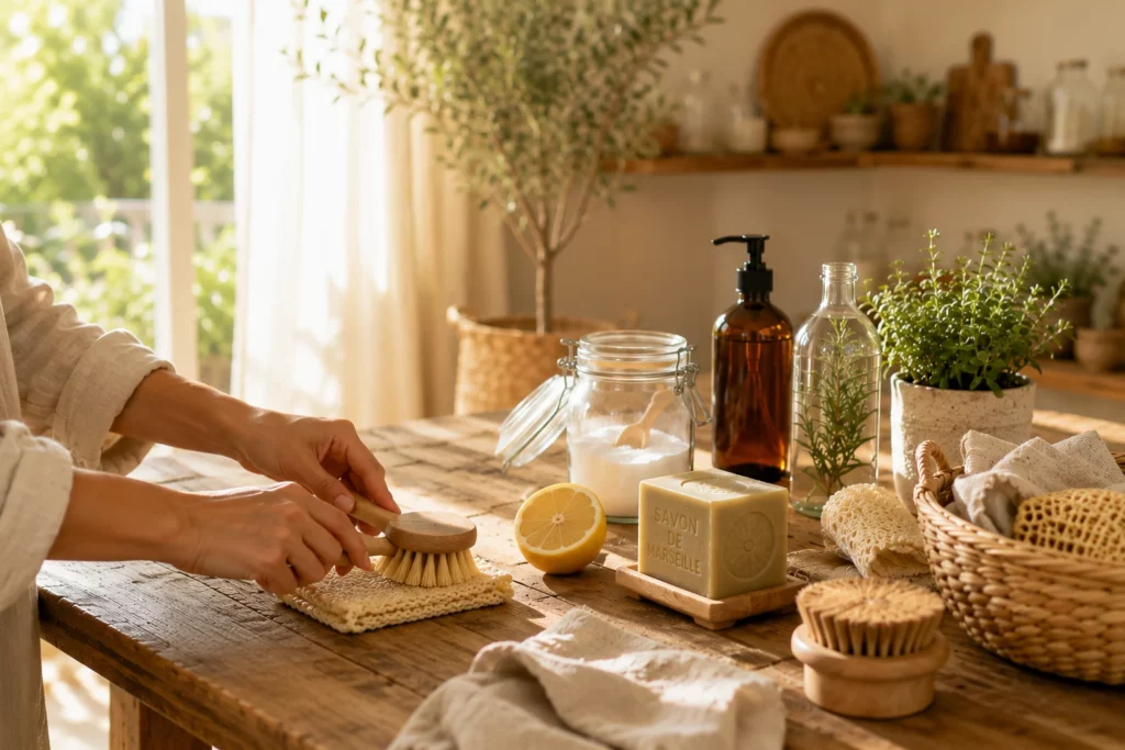 Mains nettoyant une éponge lavable avec une brosse en bois, savon de Marseille, bicarbonate et vinaigre.