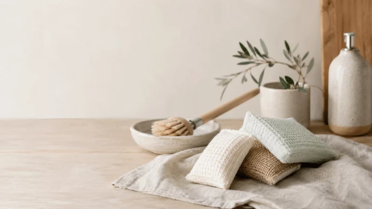 Éponges lavables et brosse à vaisselle en bois disposées sur un torchon en lin, dans une cuisine aux tons naturels