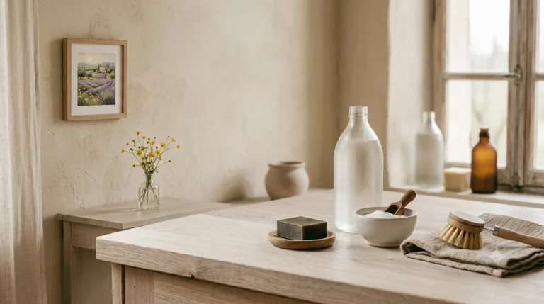 Produits d'entretien naturels — bouteille de vinaigre blanc, bol de bicarbonate, savon noir et brosse en bois — sur une table en bois clair près d'une fenêtre