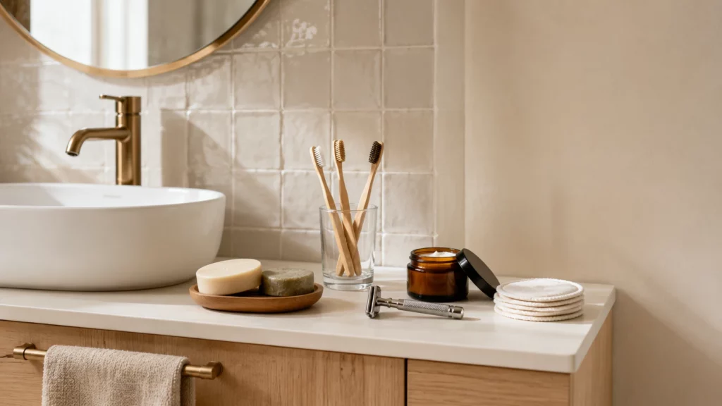 Salle de bains aux tons naturels : savon solide sur un porte-savon en bois, carrés de coton lavables et serviette pliée