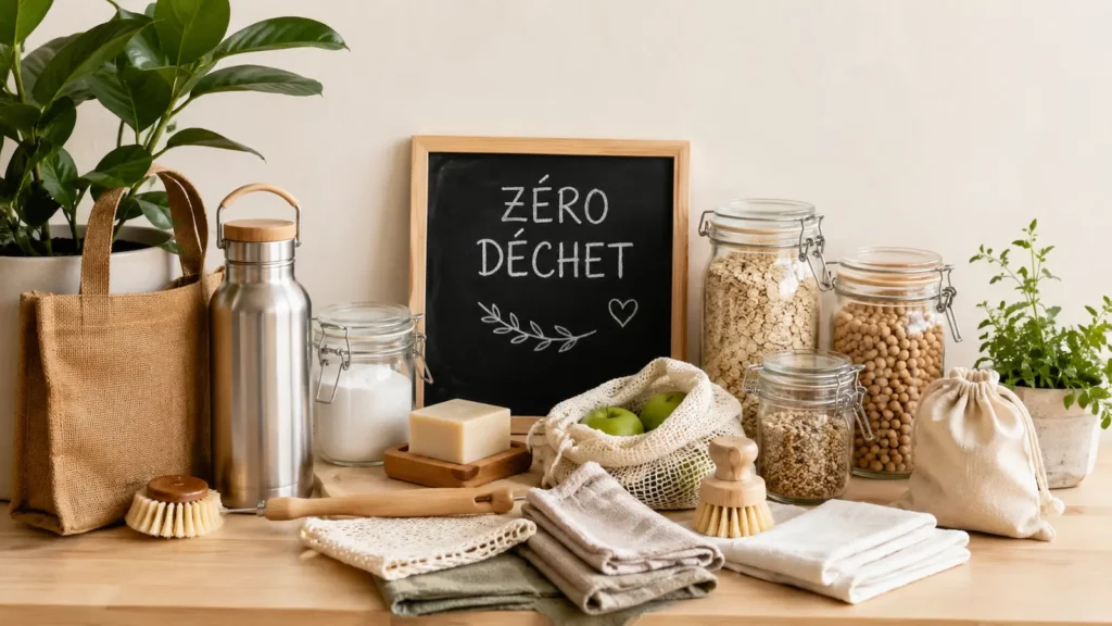 Objets réutilisables pour débuter le zéro déchet : bocaux en verre, gourde, sacs en tissu et brosses en bois.