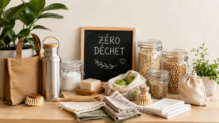 Objets réutilisables pour débuter le zéro déchet : bocaux en verre, gourde, sacs en tissu et brosses en bois.