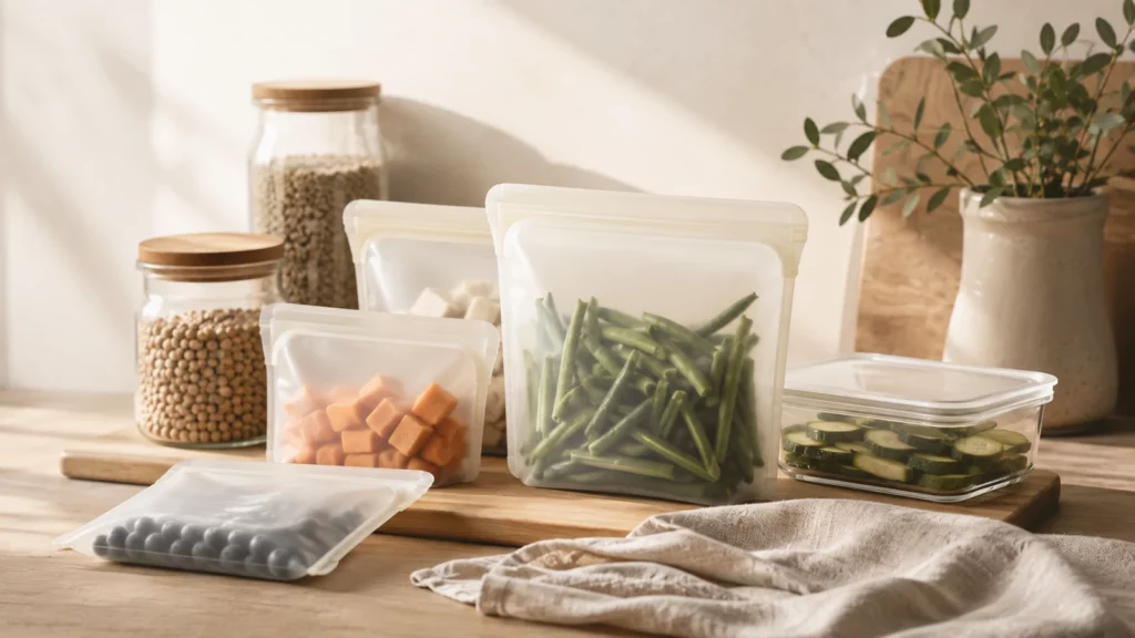 Sacs de conservation réutilisables et contenants en verre dans une cuisine aux tons naturels