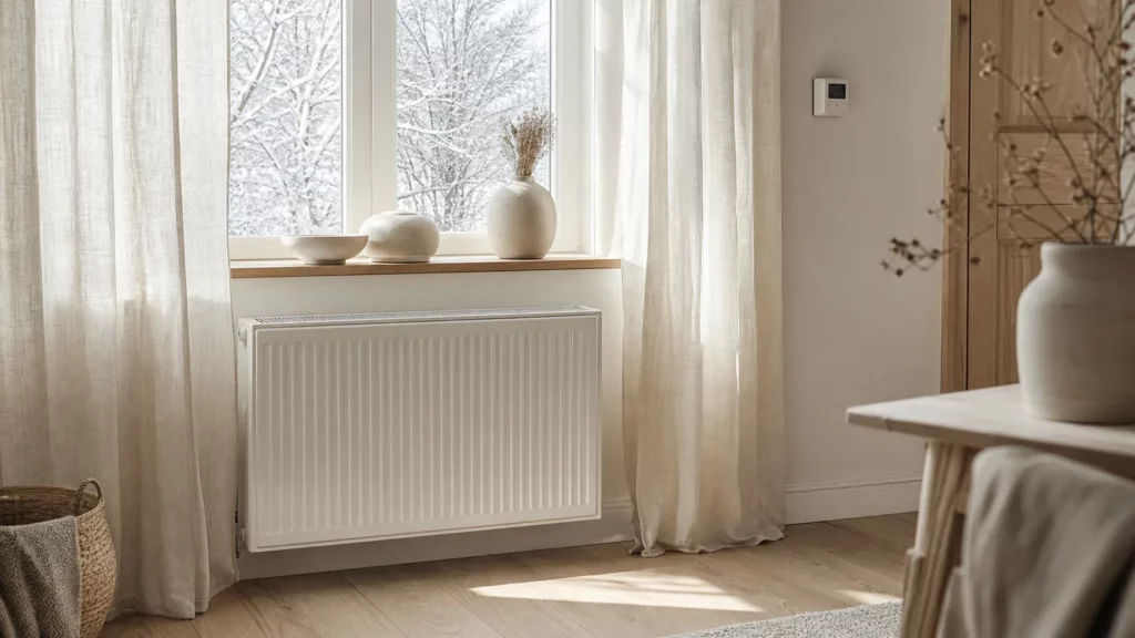 Économiser le chauffage, Radiateur blanc sous une fenêtre enneigée, rideaux de lin, vases en céramique et thermostat mural discret dans une pièce lumineuse