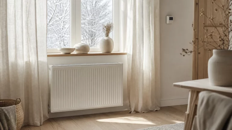 Économiser le chauffage, Radiateur blanc sous une fenêtre enneigée, rideaux de lin, vases en céramique et thermostat mural discret dans une pièce lumineuse