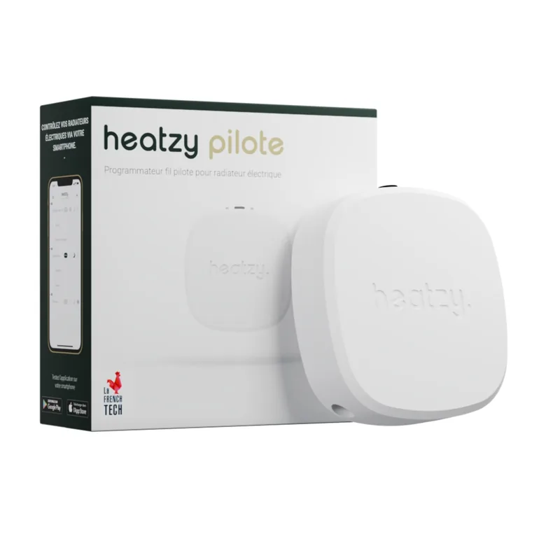 Heatzy Pilote : programmateur fil pilote blanc posé devant sa boîte, sur fond blanc.