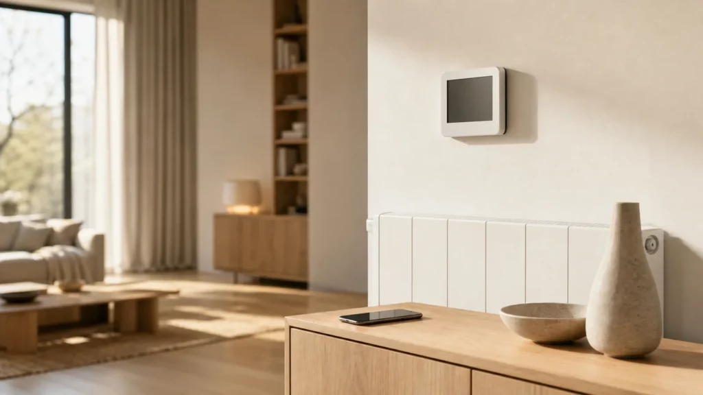 Thermostat connecté mural blanc au-dessus d'un radiateur, smartphone et vase sur une console en bois clair