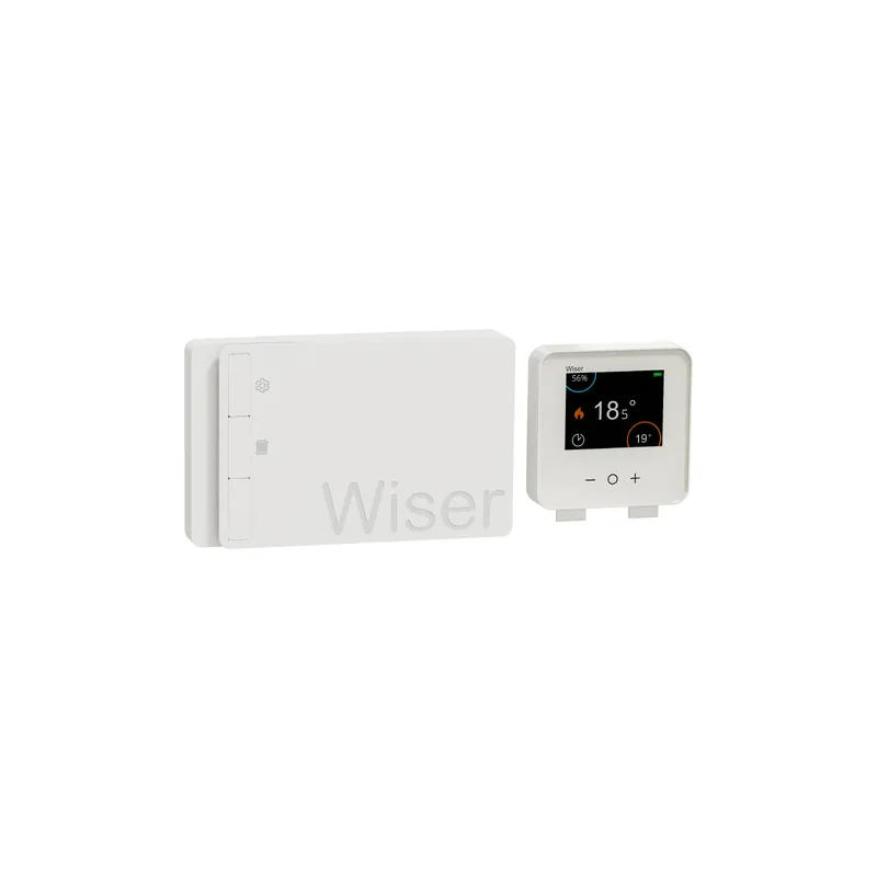 Kit Schneider Electric Wiser : passerelle blanche et thermostat à écran couleur affichant 18,5 °C.